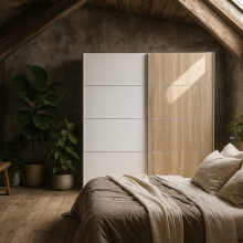 Bordeaux Wide White and Natural Oak Double Sliding Door Wardrobe 5 Shelves 180cm