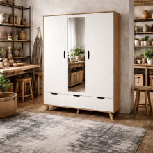 Lira Jackson Hickory Oak Wood and White Wardrobe 3 Doors 2 Drawers with Mirror