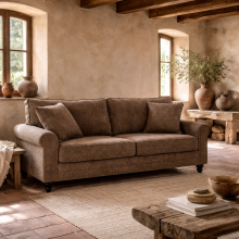Soleka Fabric Brown 3 Seater Sofa With Rubberwood Legs Nail Head Trim And 2 Cushions