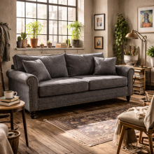 Tael Yolo Grey Fabric 3 Seater Sofa With Nail Head Trim And 2 Cushions
