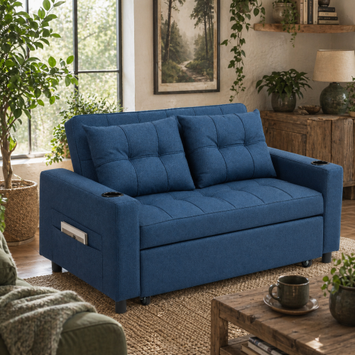 Mizifi Fabric Dark Blue 2 Seater Pull Out Sofa Bed
