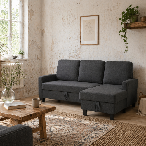 Lulo Dark Grey Fabric Upholstered 3 Seater Sofa Bed With Storage