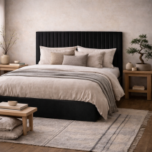 Dublin Black Upholstered 6ft Super King Size Ottoman Bed Tall Ribbed Headboard