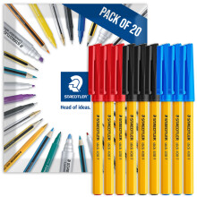 (Red, Black, Blue) Staedtler 430F Stick Ballpoint Fine Pens Pack of 20