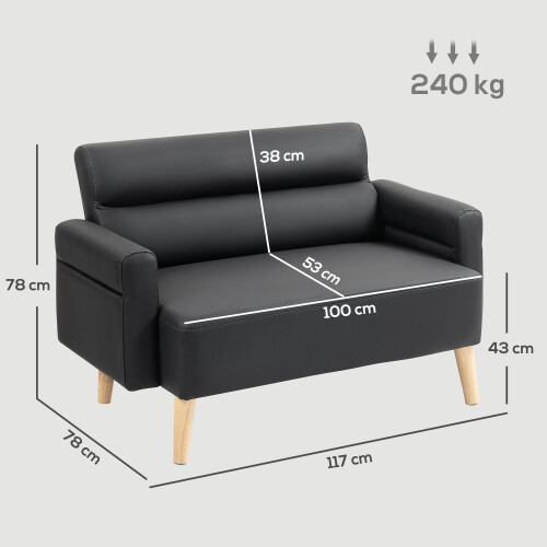 Raha Black Faux Leather Compact 2 Seater Sofa 2