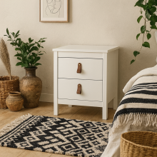 Wildberry Matt White Wooden Bedside Table 2 Drawers Leather Handles