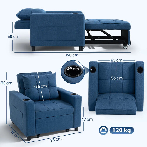 Norapa Fabric Dark Blue 3 In One Convertible Single Sofa Bed 2