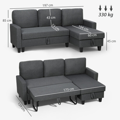 Lulo Dark Grey Fabric Upholstered 3 Seater Sofa Bed With Storage 2