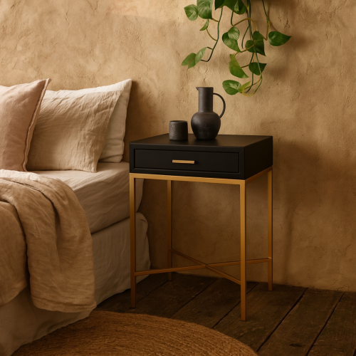 Murano Black Gloss and Gold One Drawer Bedside Table 1