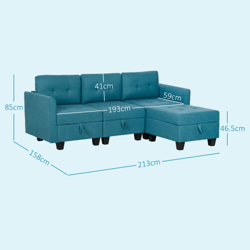 Torono Light Blue Upholstered Modular L Shaped Sofa With Built In Storage 2