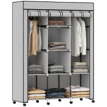 Armoire en tissu gris avec 8 étagères et 2 tringles à vêtements