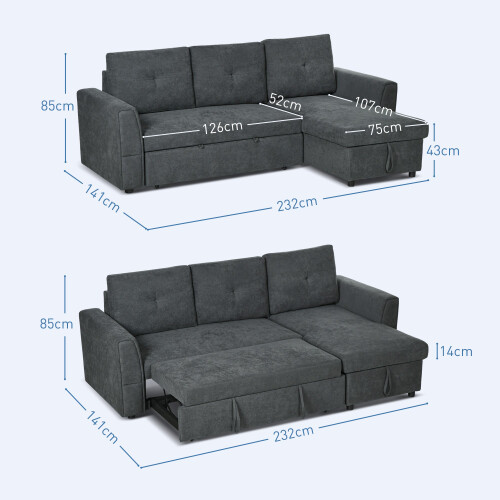 Moso Dark Grey Fabric 3 Seater Pull Out Sofa Bed With Hidden Storage 2