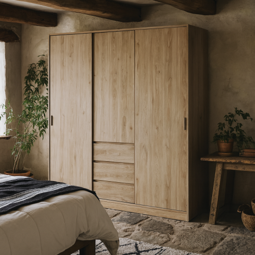 Budapest Natural Oak Effect Wood Wardrobe 3 Doors 3 Drawers 1