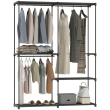 Portant à vêtements portable avec structure en métal et étagères en tissu noir