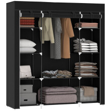 Armoire en tissu noir avec tringle et 9 étagères de rangement