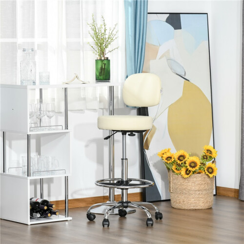 Height Adjustable Bar Stool with Backrest Footrest Faux Leather Beige 2