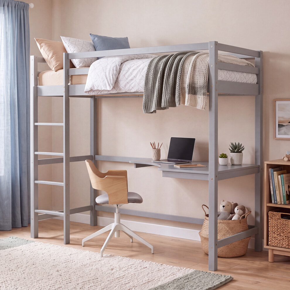 Photos - Bed Frame Home Discount  Sydney 3ft Single Bunk Bed with Corner Desk Pine Grey 3331258 (Grey)
