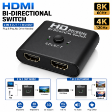 8K HDMI Bi-Directional Switch Splitter 2 In 1 Out 1 In 2 Out 4K@120Hz Selector Box for TV Monitor Projector PS5 Xbox Plug & Play HDMI 2.1 Compatible