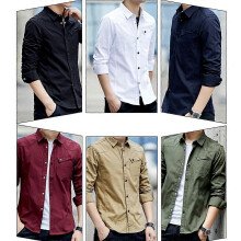 (M, Khaki) OHPA Mens Long-Sleeved Shirt Cotton Shirt
