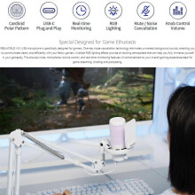 (White) FEELWORLD VM1 USB Condenser Gaming Microphone for Streaming Noise Cancellation Mute RGB Light Boom Arm Stand