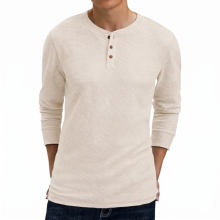 T-shirt Henley Homme Manches Longues Gaufré Style Décontracté Chamois M — haut boutonné homme, pull maille gaufrée
