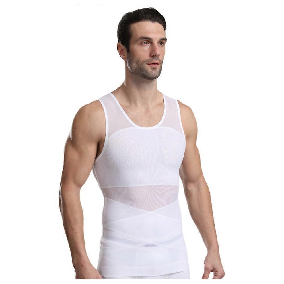 (L, White) Men's Underwear Shapewear Mesh Belly Cross Extended Shapewear Tank Top Corset Chest Top Shapewear Bodysuit-image