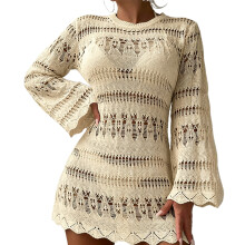 Women Crochet Beach Cover Up  Hollow Out Swimsuit Cover Up Beach Dress Apricot XL