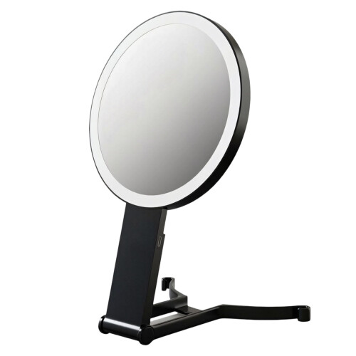 Lighted double-sided makeup mirror with foldable stand for tabletop use Black 1