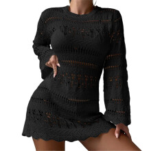 Womens Beach Cover Up Long Sleeves Beach Dress Hollow Out Swimsuit Cover Up Black S