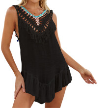 Women Sexy V Neck Sleeveless Swimwears Fringed Beach Bikinis Swimsuit Cover Up Black