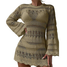 Women Beach Cover Up Hollow Out Swimsuit Cover Up Long Sleeves Beach Dress Khaki L