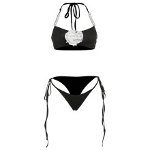 Women 3D Flower Swimwear Side Tie Thong Sexy Pearl Strap Halterneck Bathing Suit S