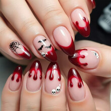 Blood Red French Edge Halloween Manicure Nail Set with Almond Party Style