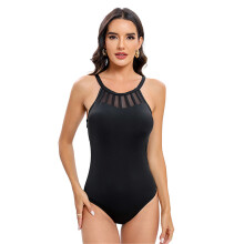 Women Solid Color Bathing Suit 1 Piece Mesh Swimsuit Tummys Control Swimwears Black XL
