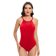 Tummys Control Bathing Suit for Women Summer Mesh Swimwears Solid Color Swimsuit Red M
