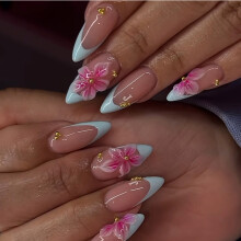 Dress Up Press On Manicure with Pink Floral Art and Blue Edge False ABS Nail