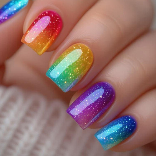 Gradient Glitters Short Square Press On Nail with 12 Size for Holiday Party
