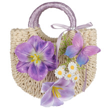 Straw Toted Bag Women Straw Flower Handbag with Textured Straw for Holiday Wear Purple