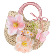 Straw Toted Bag Women Straw Flower Handbag with Textured Straw for Holiday Wear Pink