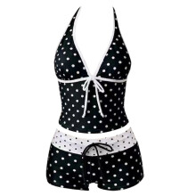 1 Set Round Dot Tankini Set For Beach Swimwear Stretchy Fabric V-Neck Swimsuit Black S