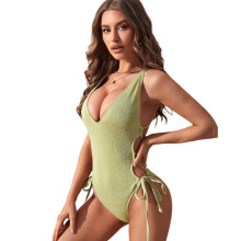 Women Solid Color Bathing Suit Girls Laces Up Swimwears Sexy Backless Dark green S