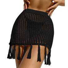 Women Swimsuit Bodycon Sheer Wrap Skirt Tassels Hollowed Crocheted Mini Skirts Black S