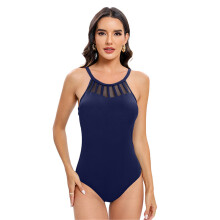 Women Solid Color Bathing Suit 1 Piece Mesh Swimsuit Tummys Control Swimwears Navy blue L