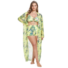 3PCS Women Bikinis Set with Beach Long Kimono Cover Up Tummy Control Boyshorts Yellow L