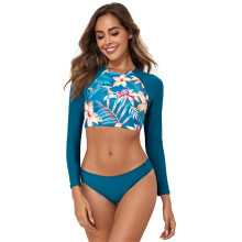 Women 2 Pieces Swimsuits Floral Printed Bathing Suit Female Long Sleeves Peacock blue L