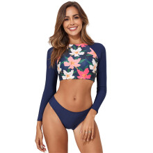 Women Long Sleeves Swimsuit Floral Printed Bikinis Swimwear for Vacation Navy blue XL