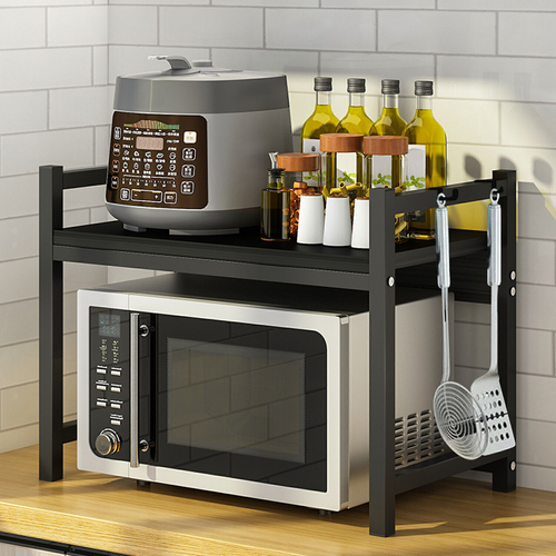 2 Tier Microwave Oven Rack Adjustable Kitchen Shelf w/6 Hooks for Extra Storage 2