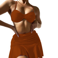 3PCS Women Swim Wear with Beach Dress Caramel colour L