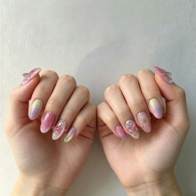 30Pcs Pink Iridescence Press On Nail with 3D Bows Art Fake Nail for DIY Styling