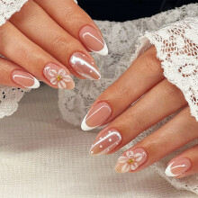 Press On Manicure Soft Pink French Floral Bead 24 Pcs for Daily Wear, Photos